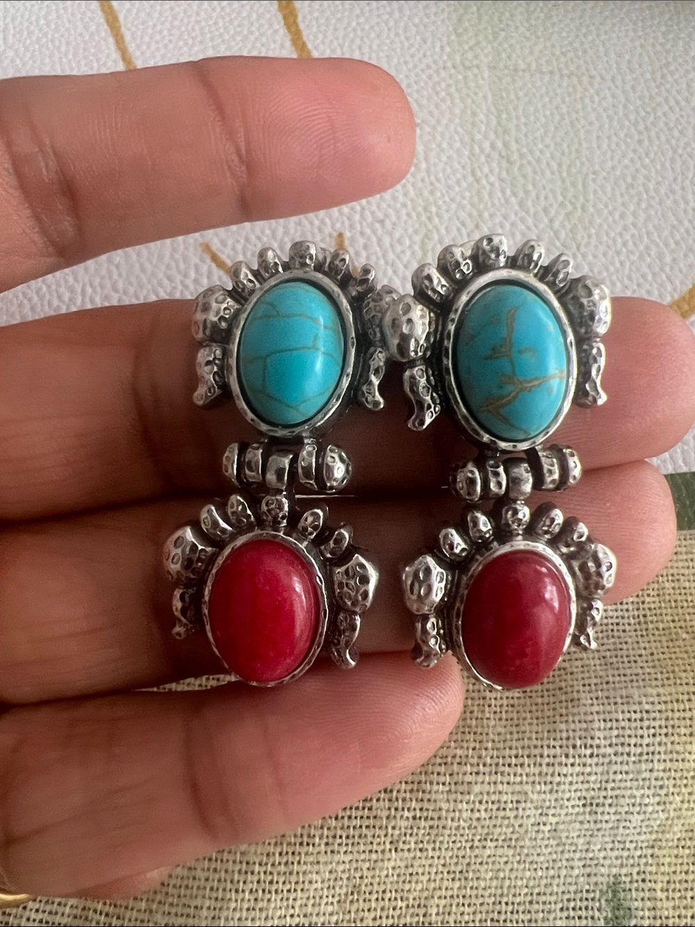 Handcrafted Silver-Tone Drop Earrings with Turquoise and Red Stones